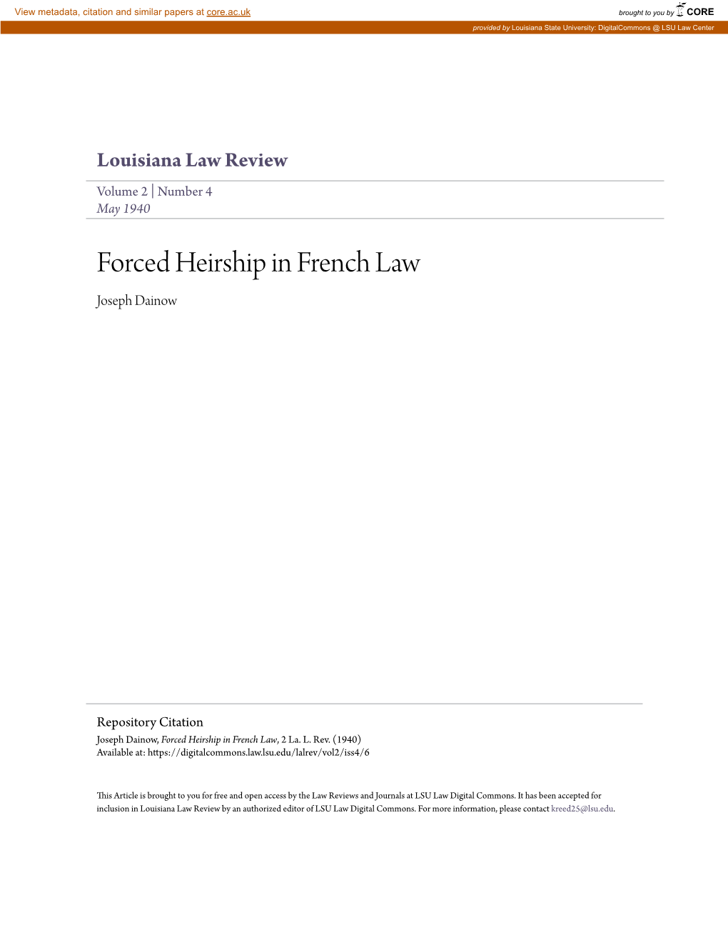 Forced Heirship in French Law Joseph Dainow