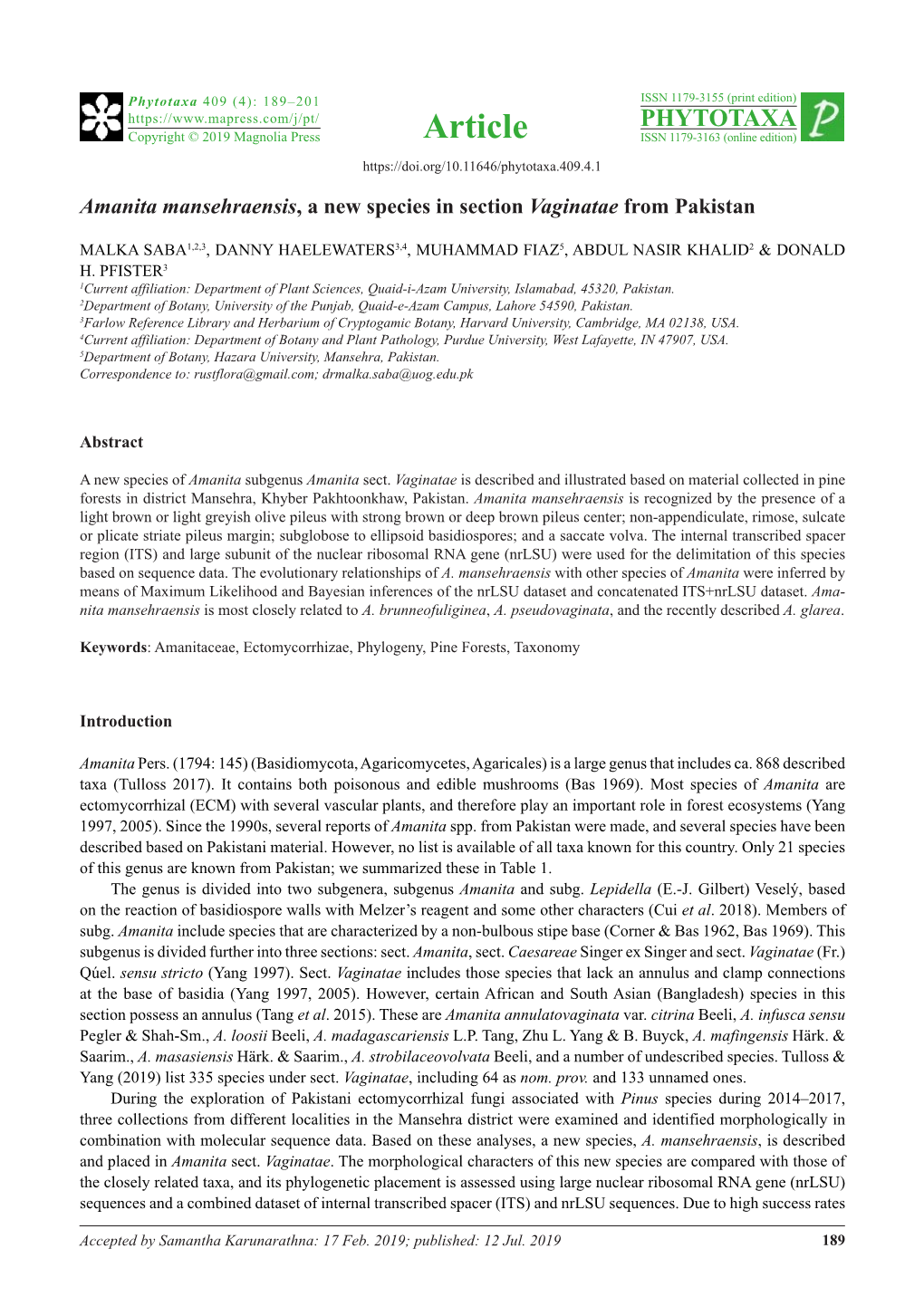 Amanita Mansehraensis, a New Species in Section Vaginatae from Pakistan