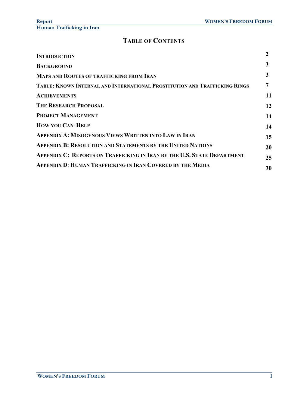 Report Human Trafficking in Iran 1 TABLE of CONTENTS