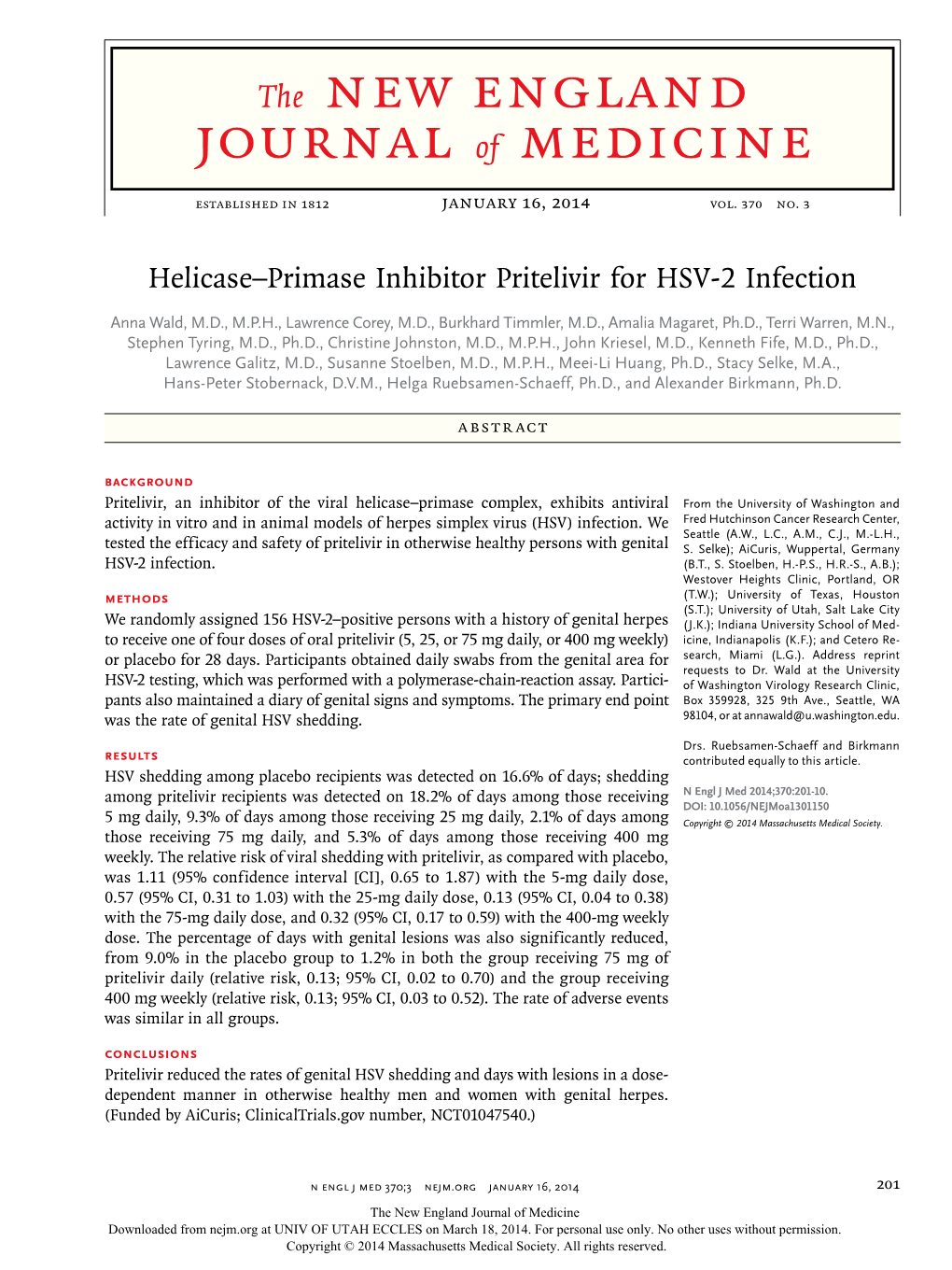 Helicase–Primase Inhibitor Pritelivir for HSV-2 Infection