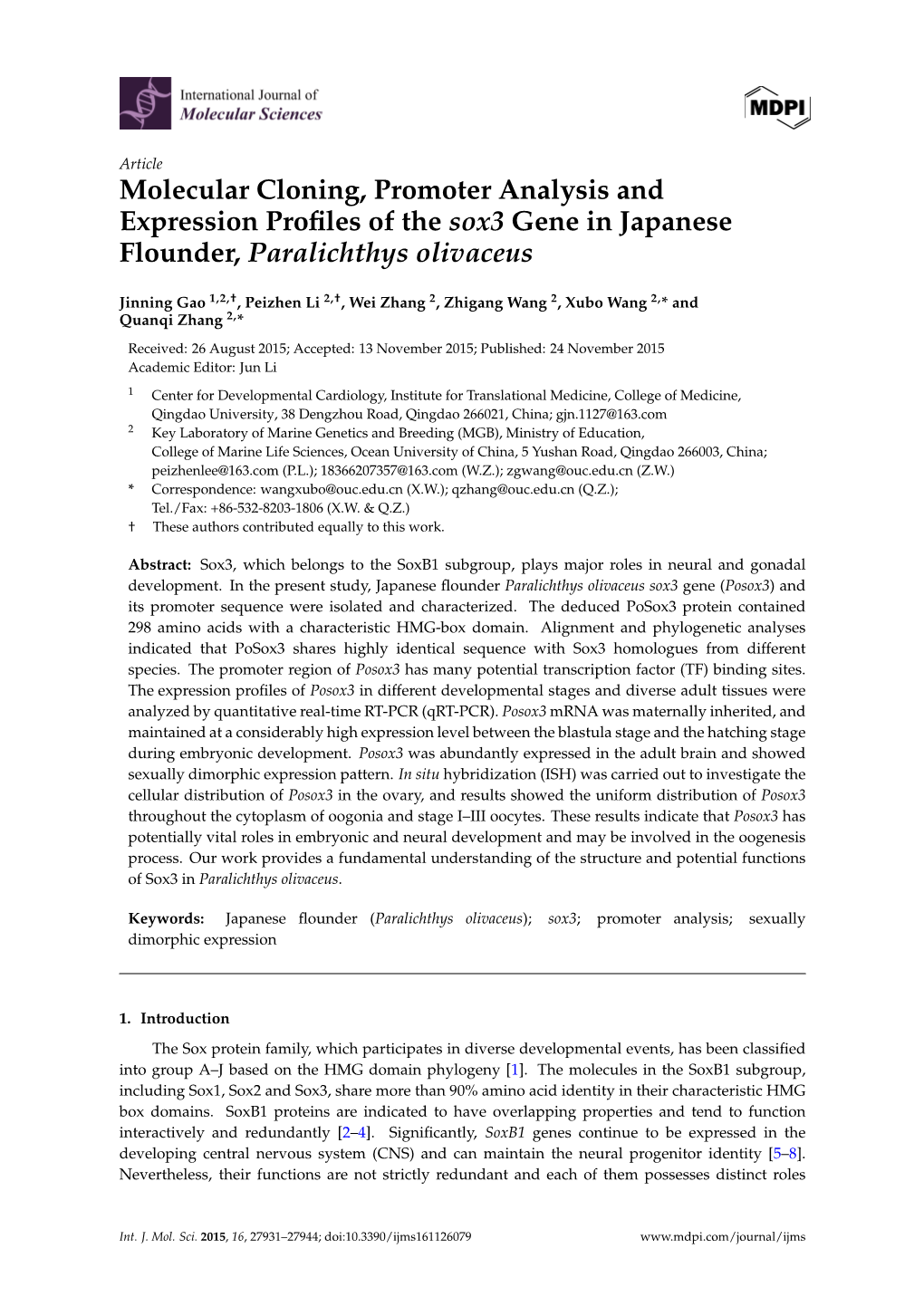 Molecular Cloning, Promoter Analysis and Expression Profiles of the Sox3 Gene in Japanese Flounder, Paralichthys Olivaceus