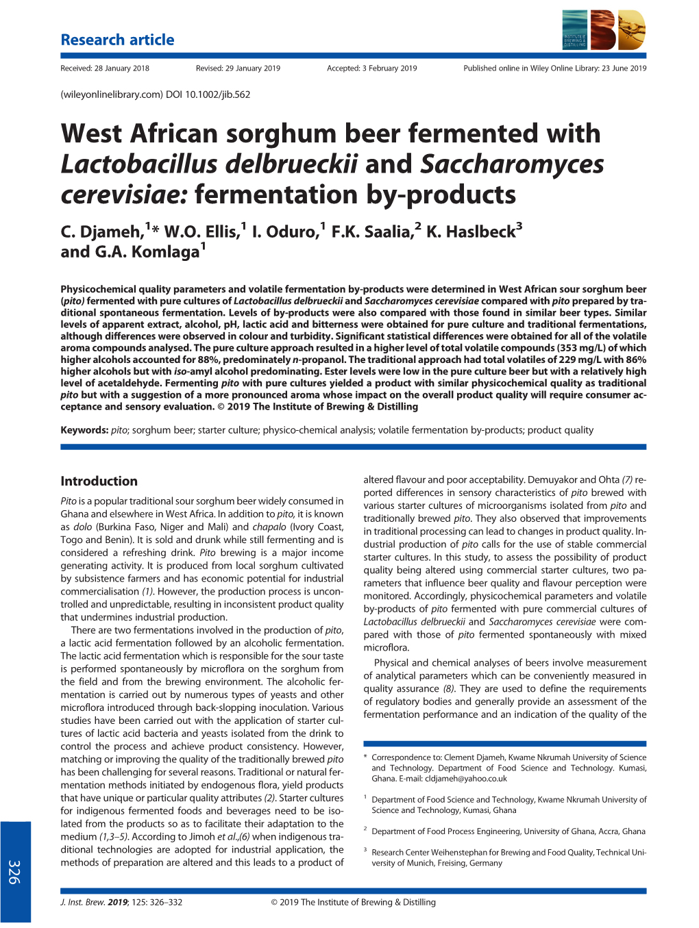 West African Sorghum Beer Fermented with Lactobacillus Delbrueckii and Saccharomyces Cerevisiae: Fermentation By-Products C