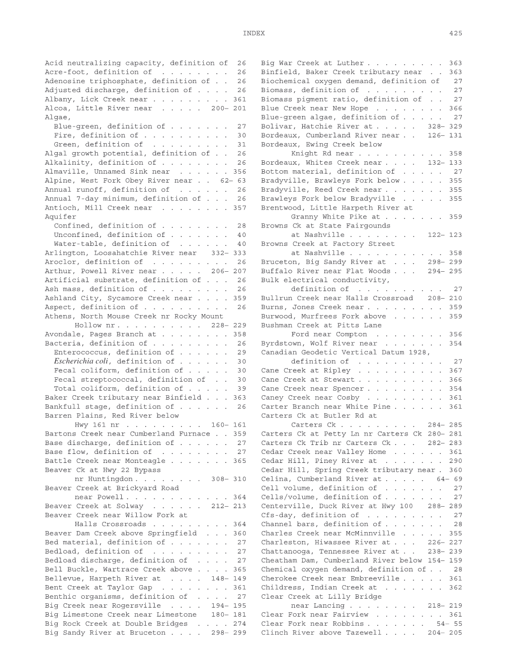 INDEX 425 Acid Neutralizing Capacity, Definition of 26 Acre-Foot, Definition