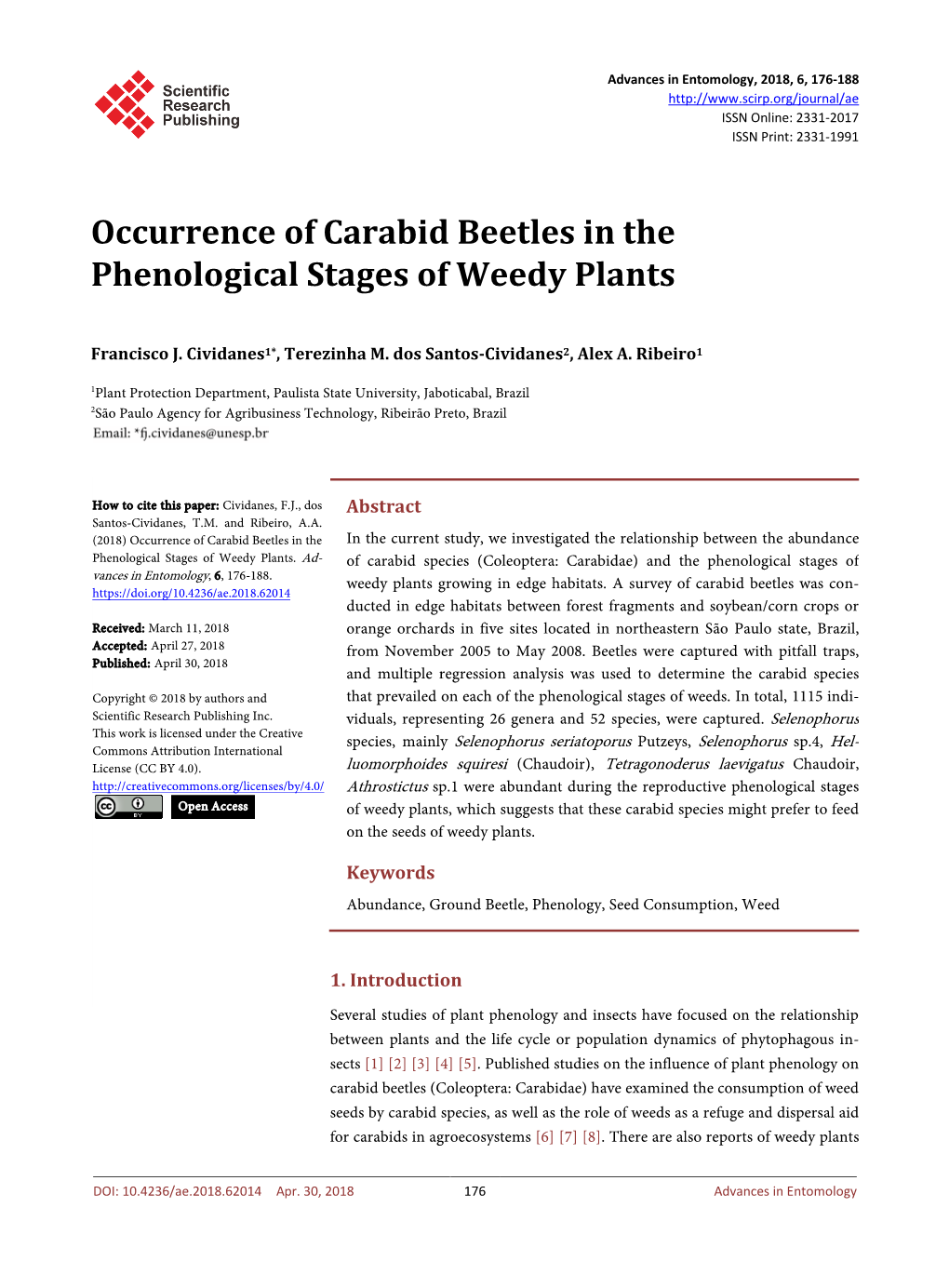 Occurrence of Carabid Beetles in the Phenological Stages of Weedy Plants
