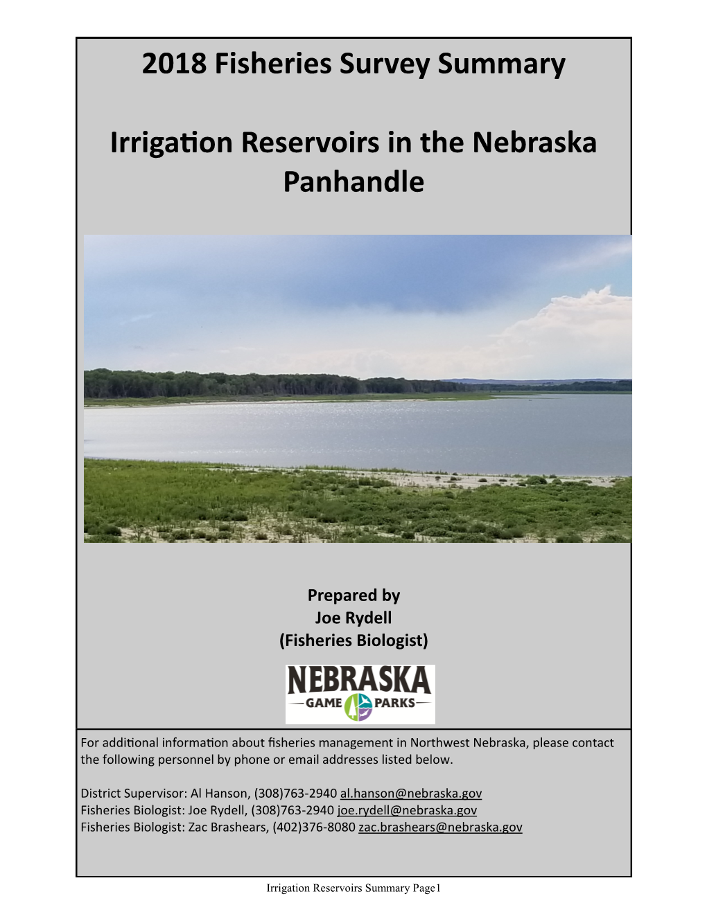 2018 Fisheries Survey Summary Irrigation Reservoirs in The