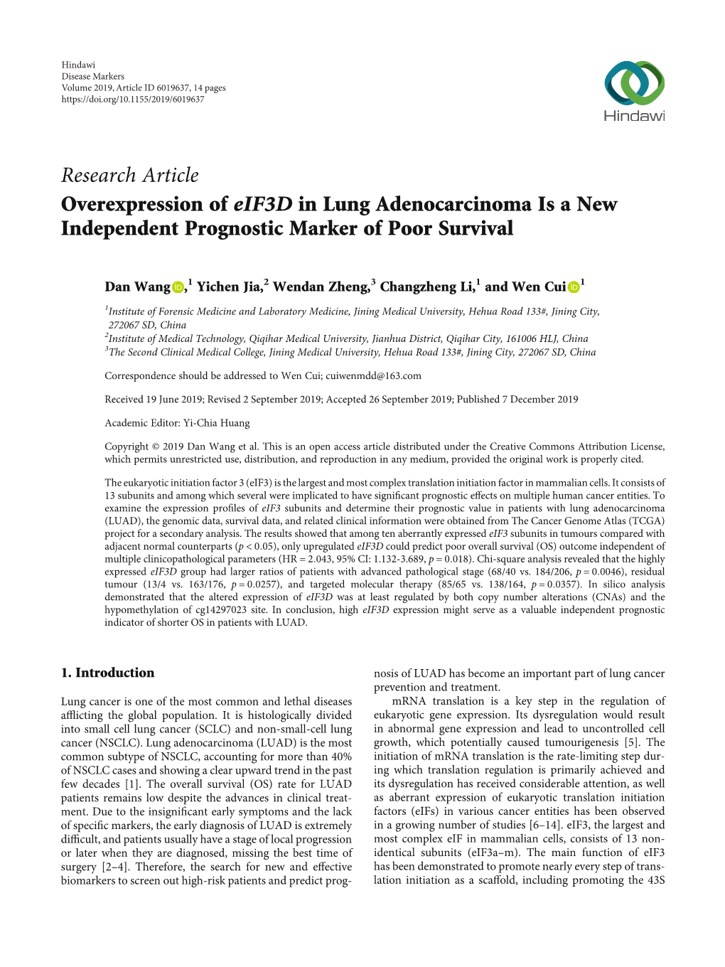 Research Article Overexpression of Eif3d in Lung Adenocarcinoma Is a New Independent Prognostic Marker of Poor Survival