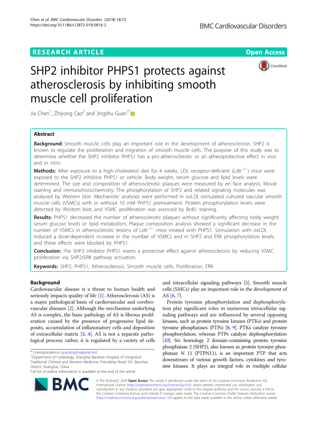 SHP2 Inhibitor PHPS1 Protects Against Atherosclerosis by Inhibiting Smooth Muscle Cell Proliferation Jia Chen1, Zhiyong Cao2 and Jingshu Guan1*