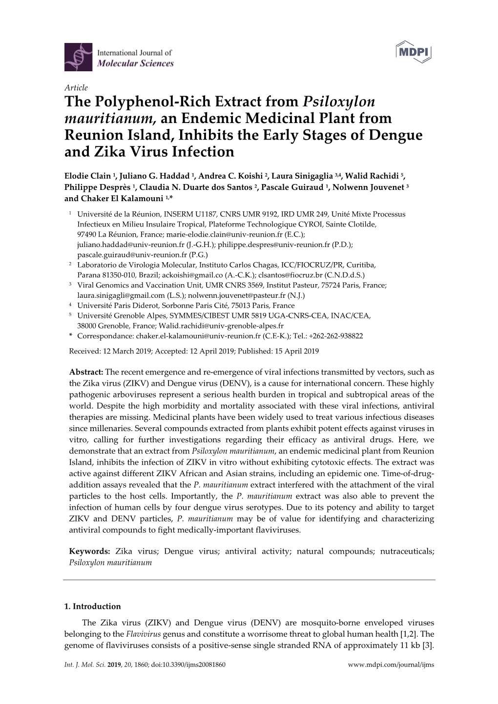 The Polyphenol-Rich Extract from Psiloxylon Mauritianum, an Endemic Medicinal Plant from Reunion Island, Inhibits the Early Stages of Dengue and Zika Virus Infection