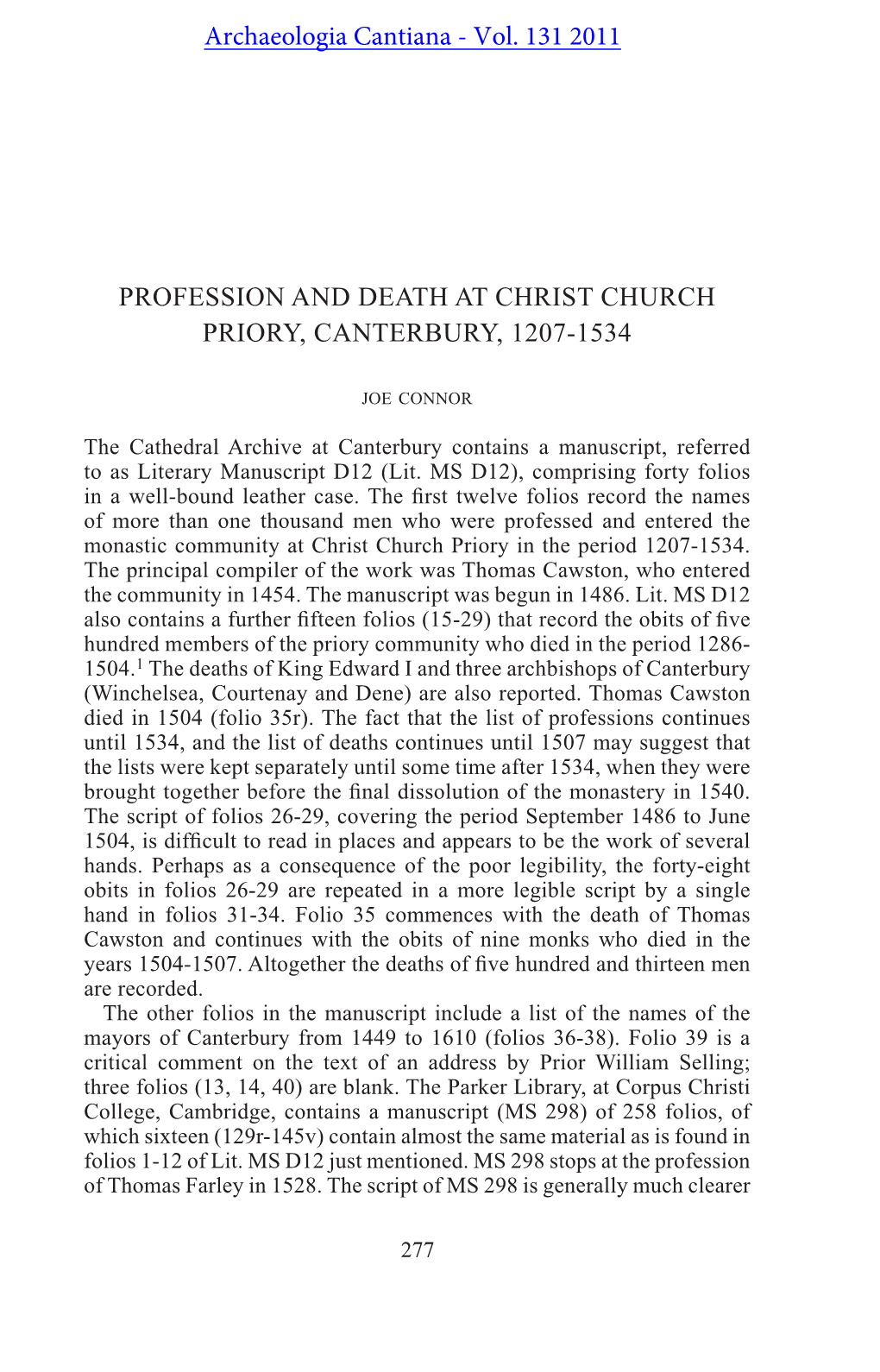 Profession and Death at Christ Church Priory, Canterbury, 1207-1534