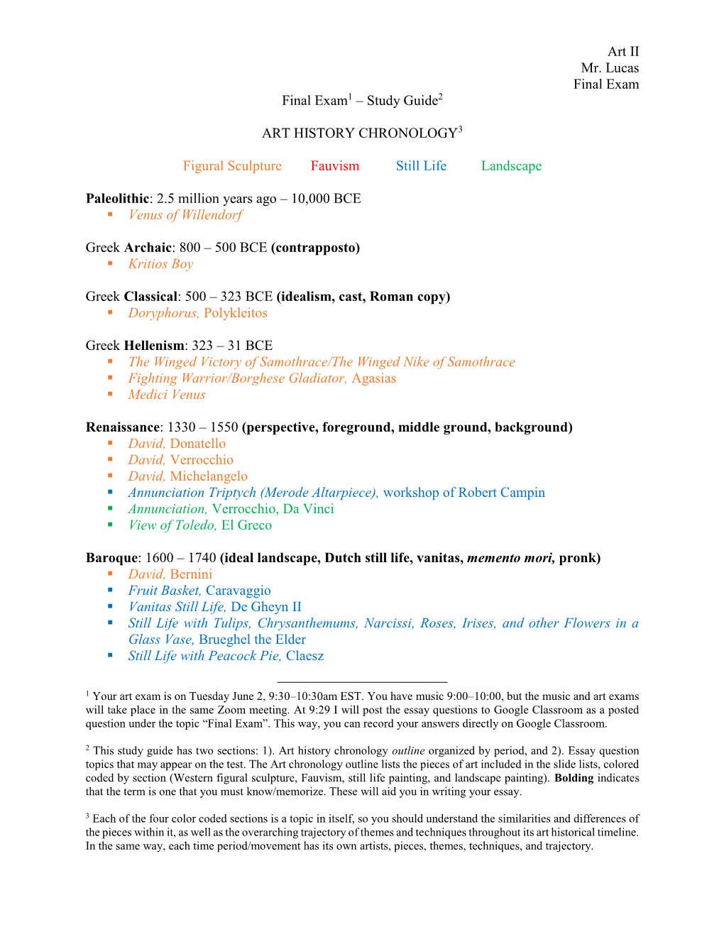 Art II Mr. Lucas Final Exam Final Exam1 – Study Guide2 ART HISTORY CHRONOLOGY3 Figural Sculpture Fauvism Still Life Landscape