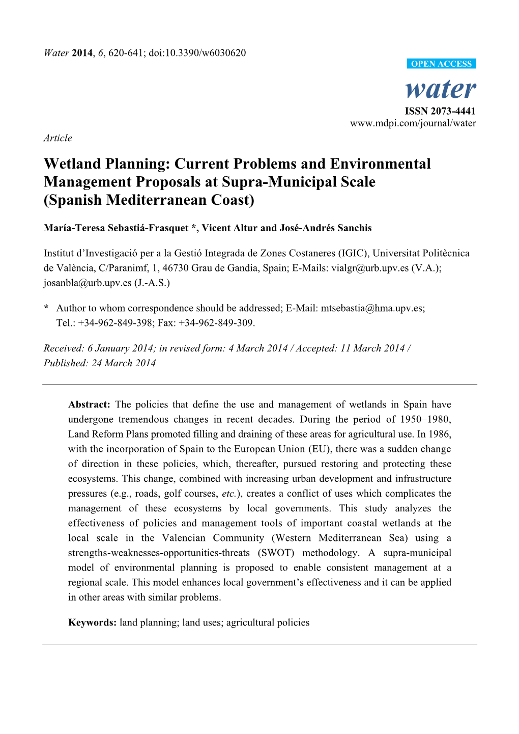 Wetland Planning: Current Problems and Environmental Management Proposals at Supra-Municipal Scale (Spanish Mediterranean Coast)