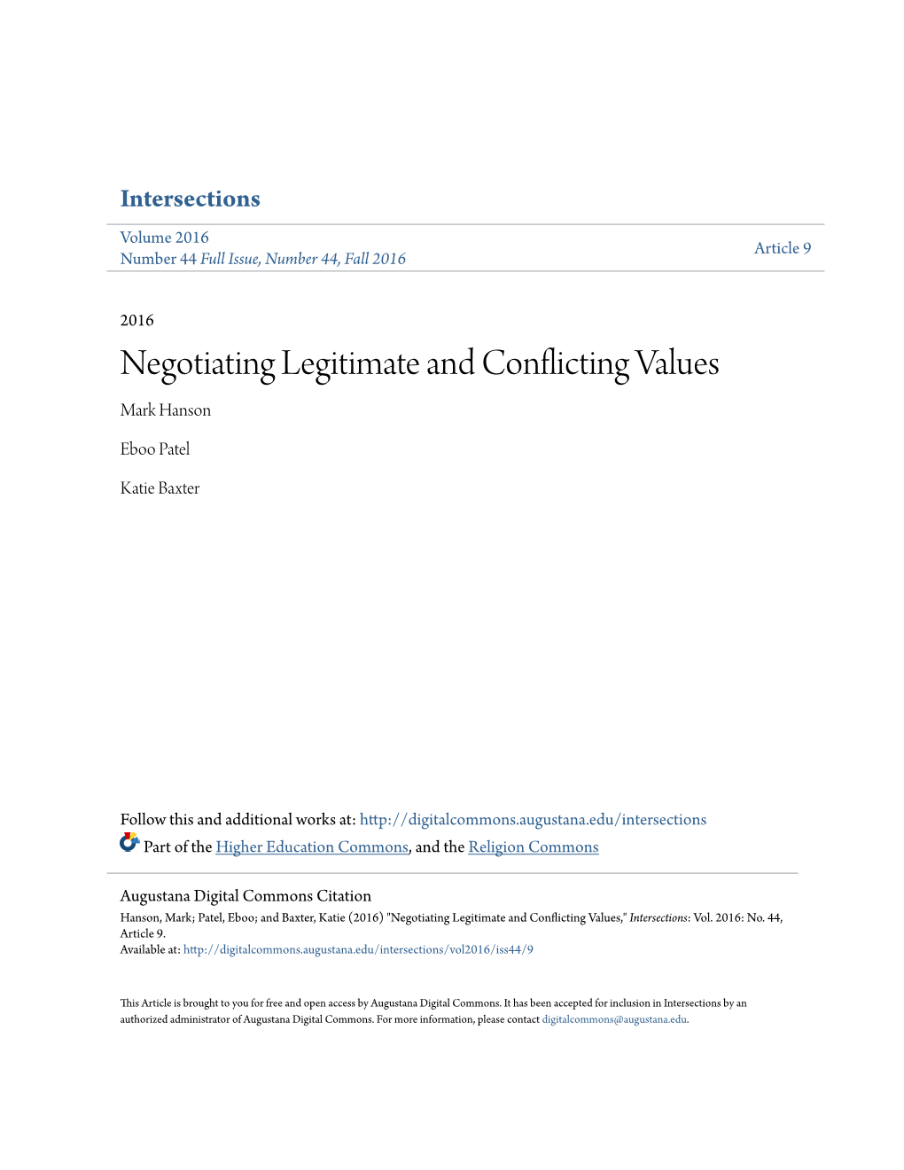 Negotiating Legitimate and Conflicting Values Mark Hanson