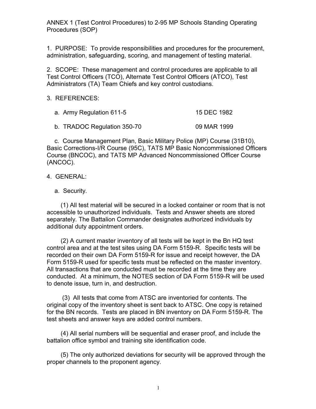 ANNEX 1 (Test Control Procedures) to 2-95 MP Schools Standing Operating Procedures (SOP)