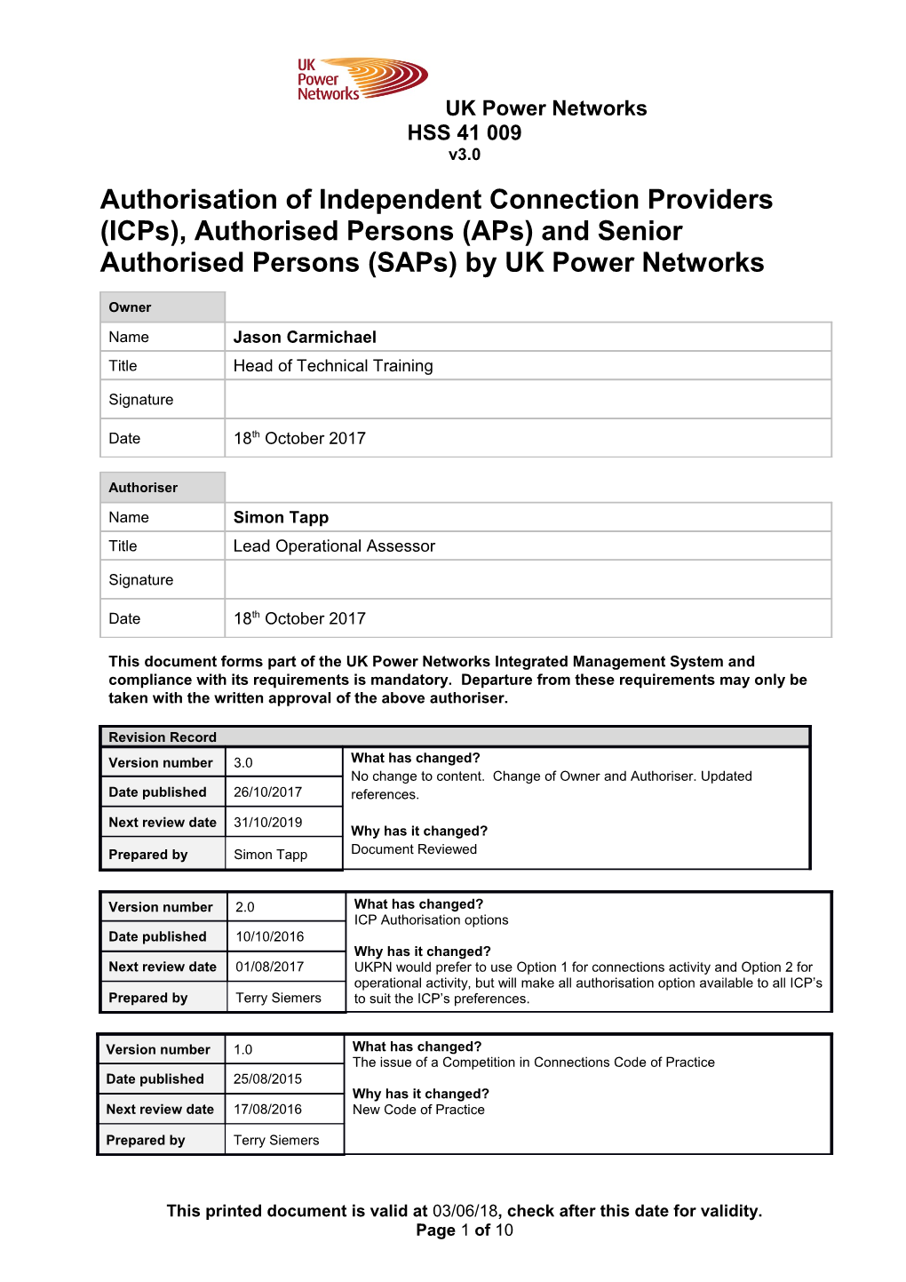 HSS 41 009 Authorisation of Independent Connection Providers (Icps), Authorised Persons