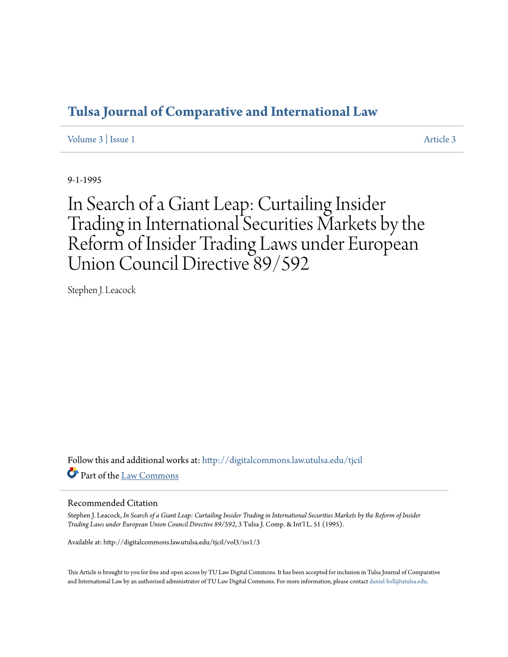 Curtailing Insider Trading in International Securities Markets by the Reform of Insider Trading Laws Under European Union Council Directive 89/592 Stephen J