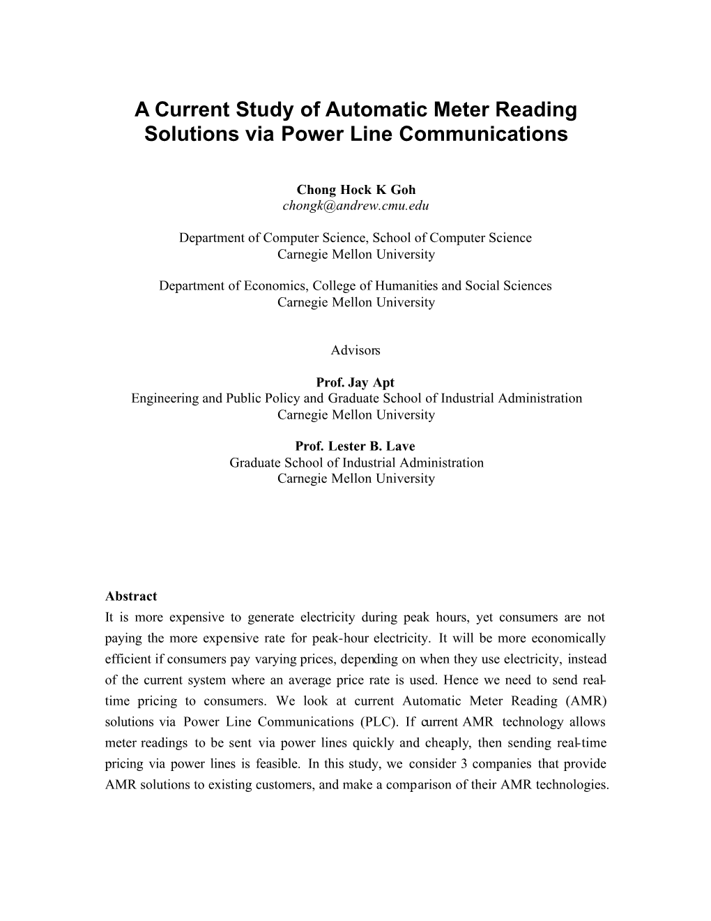 A Current Study of Automatic Meter Reading Solutions Via Power Line Communications