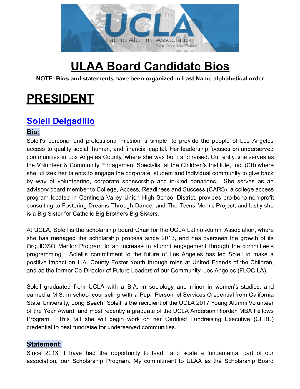ULAA Board Candidate Bios PRESIDENT