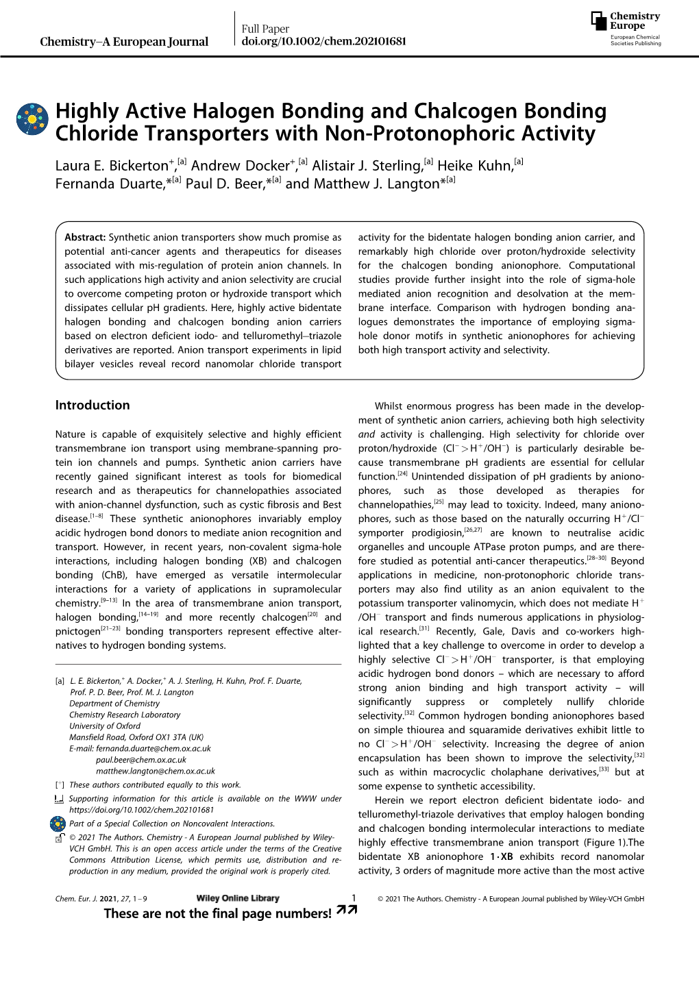 Highly Active Halogen Bonding and Chalcogen Bonding Chloride Transporters with Non-Protonophoric Activity Laura E