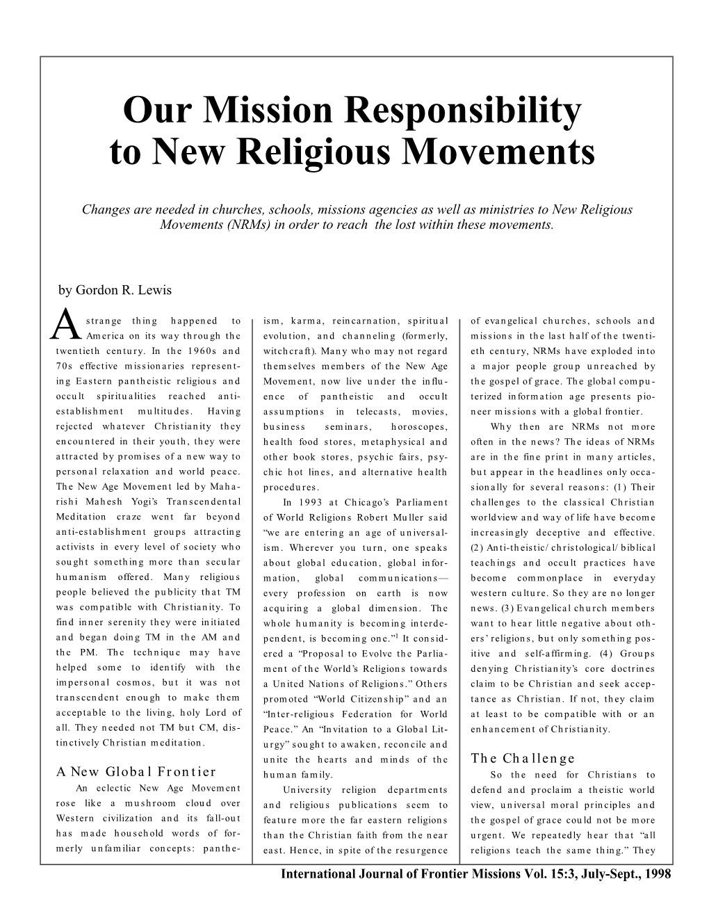 Our Mission Responsibility to New Religious Movements