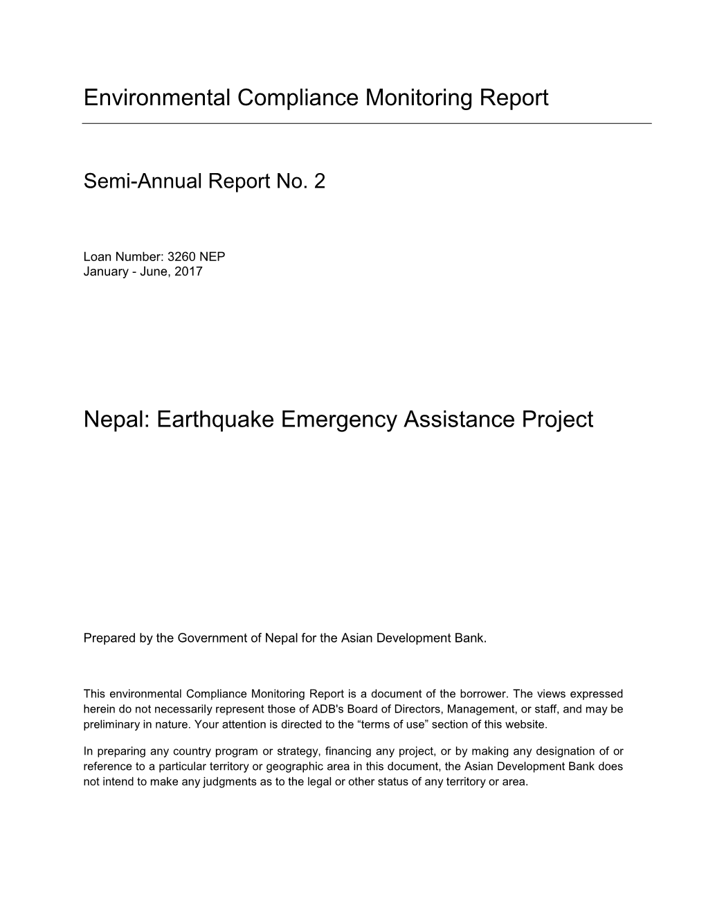 Environmental Compliance Monitoring Report Nepal: Earthquake