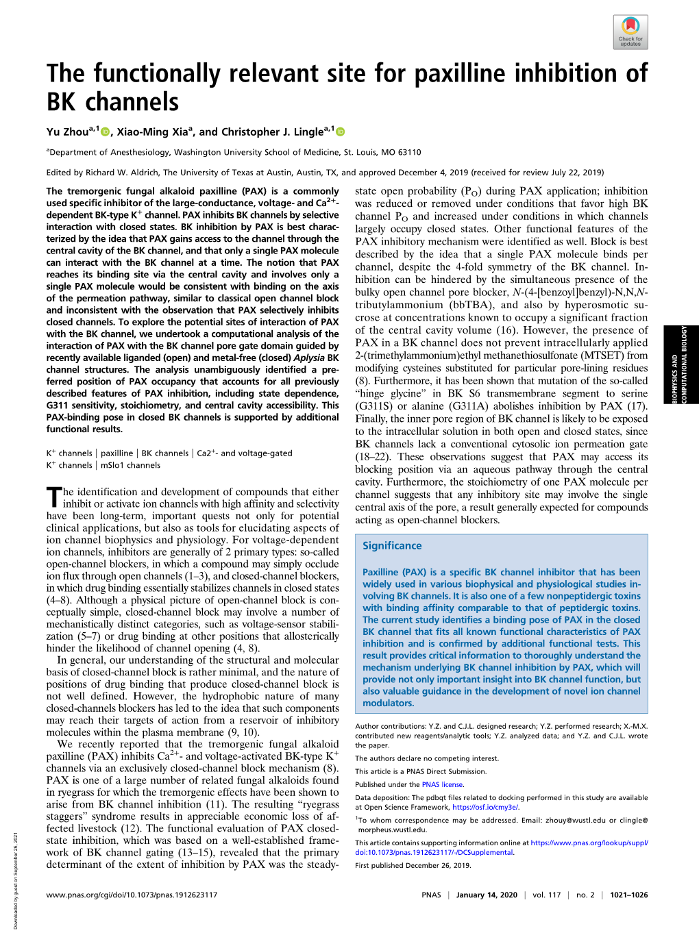 The Functionally Relevant Site for Paxilline Inhibition of BK Channels