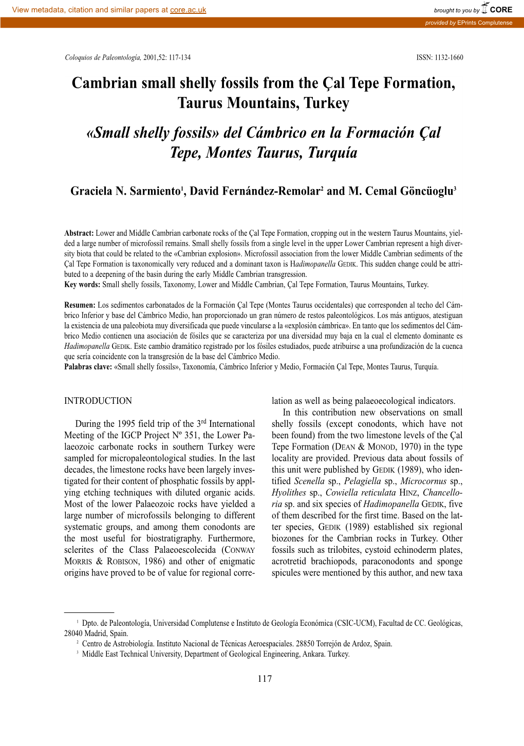 Cambrian Small Shelly Fossils from the Çal Tepe Formation, Taurus Mountains, Turkey