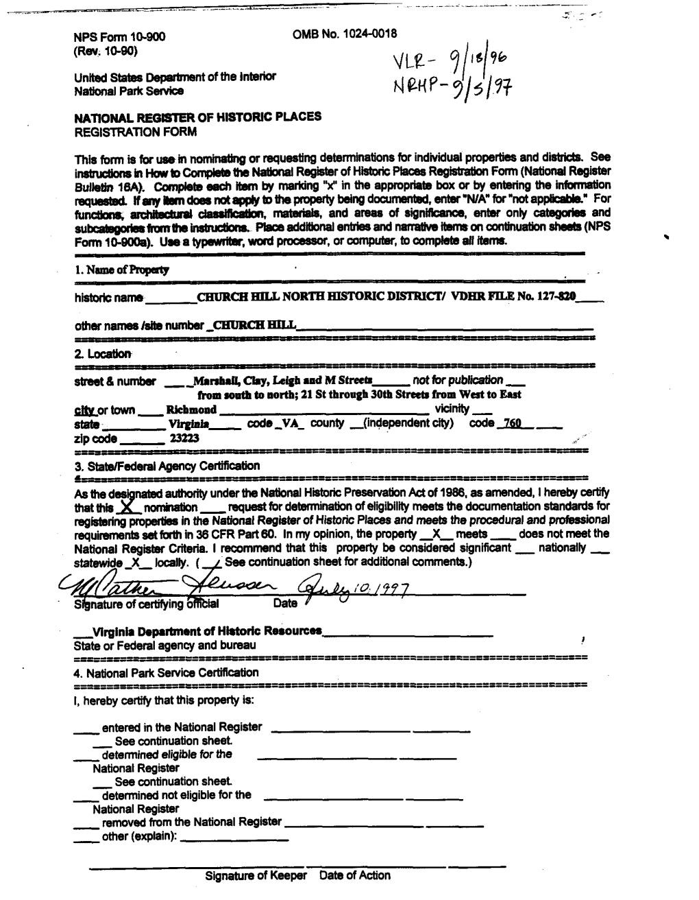 The Registration Form from the Church Hill North Application to the National Register of Historic Places