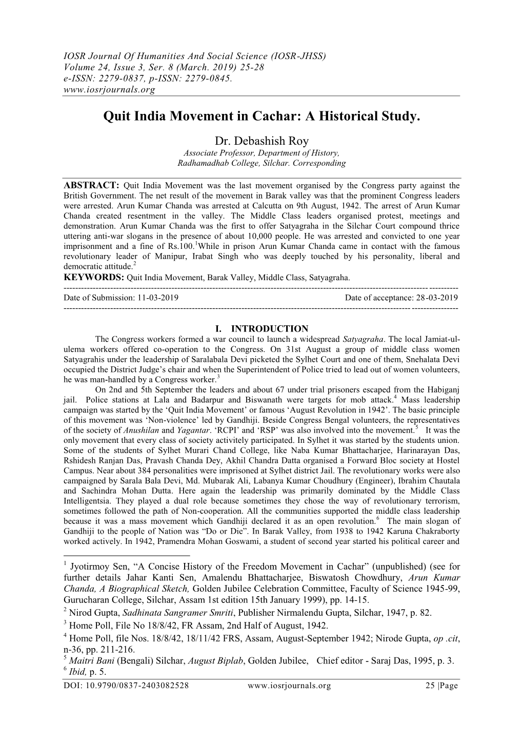 Quit India Movement in Cachar: a Historical Study