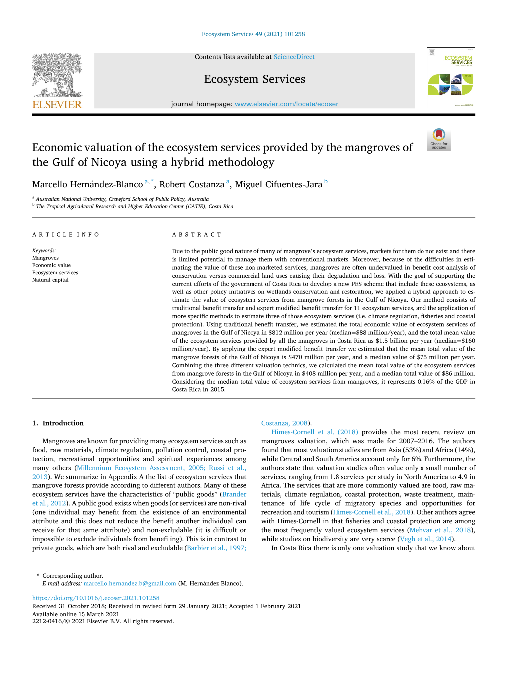 Economic Valuation of the Ecosystem Services Provided by the Mangroves of the Gulf of Nicoya Using a Hybrid Methodology