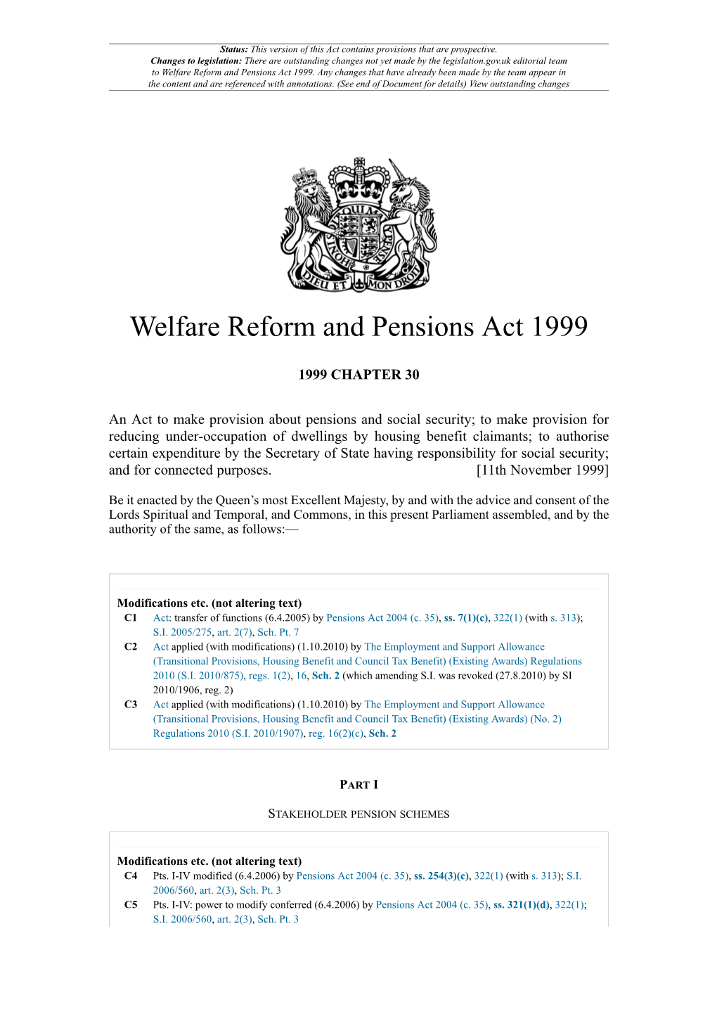 Welfare Reform and Pensions Act 1999