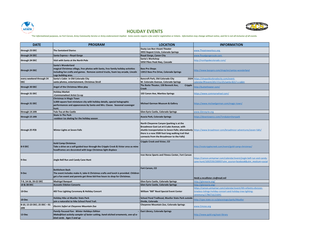 LOCAL HOLIDAY EVENTS *For Informational Purposes, No Fort Carson, Army Community Service Or Army Endorsement Implied