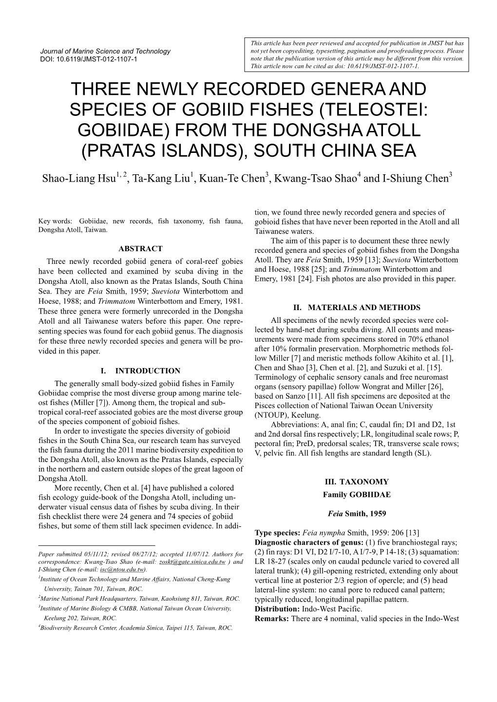 Three Newly Recorded Genera and Species of Gobiid Fishes (Teleostei: Gobiidae) from the Dongsha Atoll (Pratas Islands), South China Sea