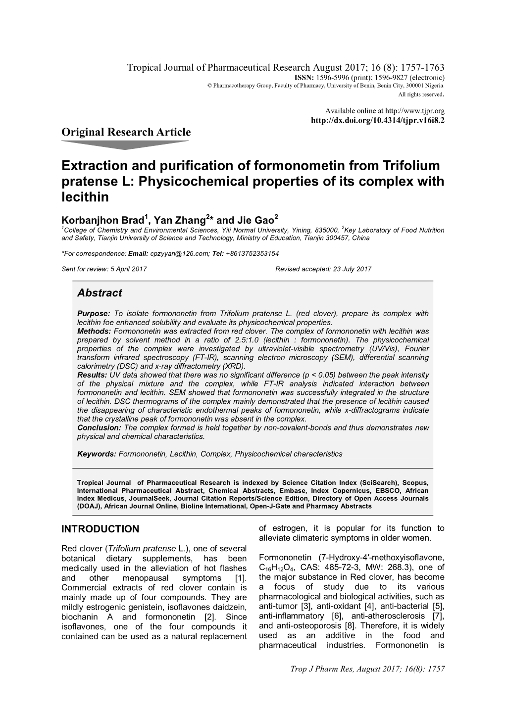 Extraction and Purification of Formonometin from Trifolium Pratense L: Physicochemical Properties of Its Complex with Lecithin