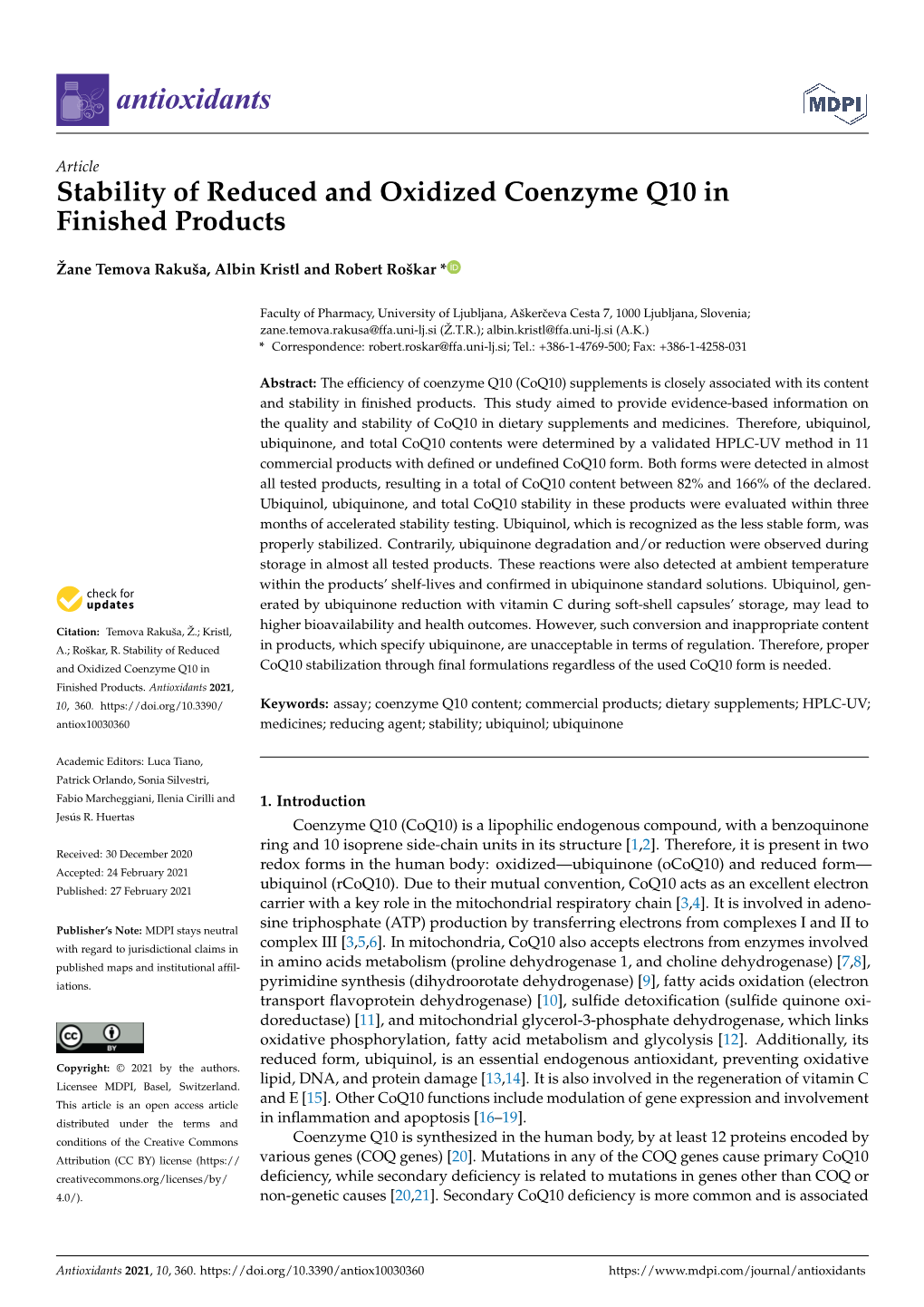 Stability of Reduced and Oxidized Coenzyme Q10 in Finished Products