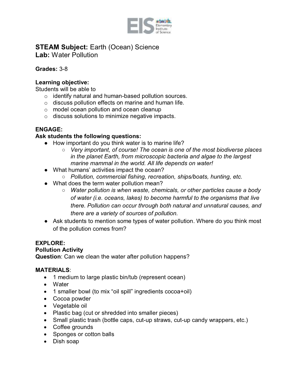 STEAM Subject: Earth (Ocean) Science Lab: Water Pollution