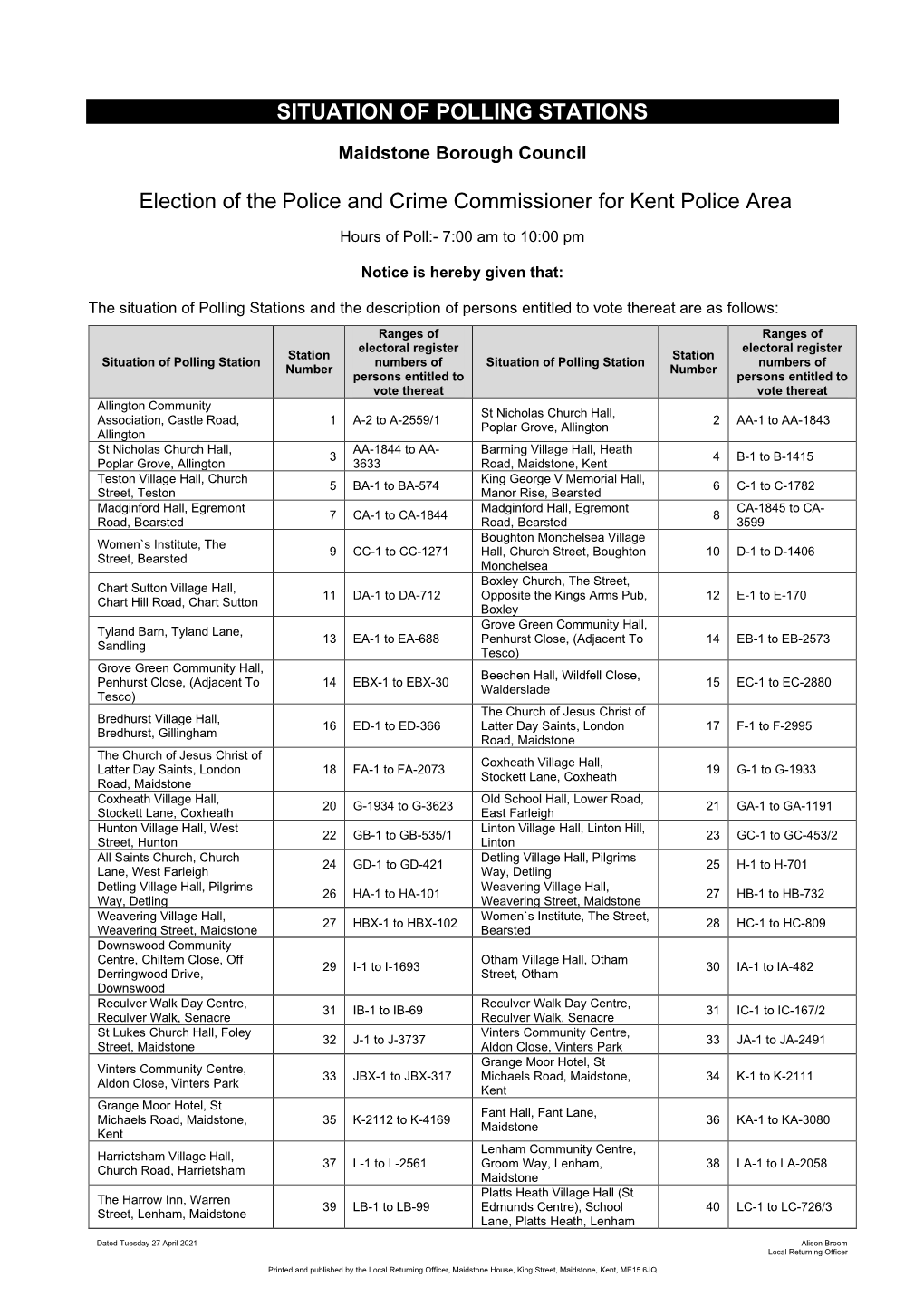 PCC Situation of Polling Stations