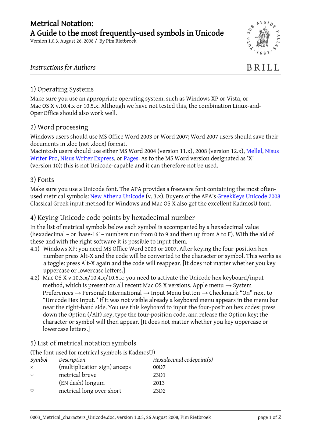 Metrical Notation: a Guide to the Most Frequently-Used Symbols in Unicode Version 1.0.3, August 26, 2008 / by Pim Rietbroek