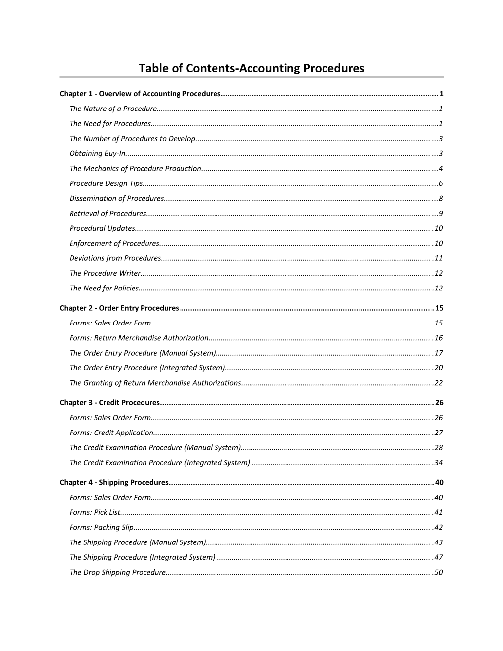 Table of Contents-Accounting Procedures