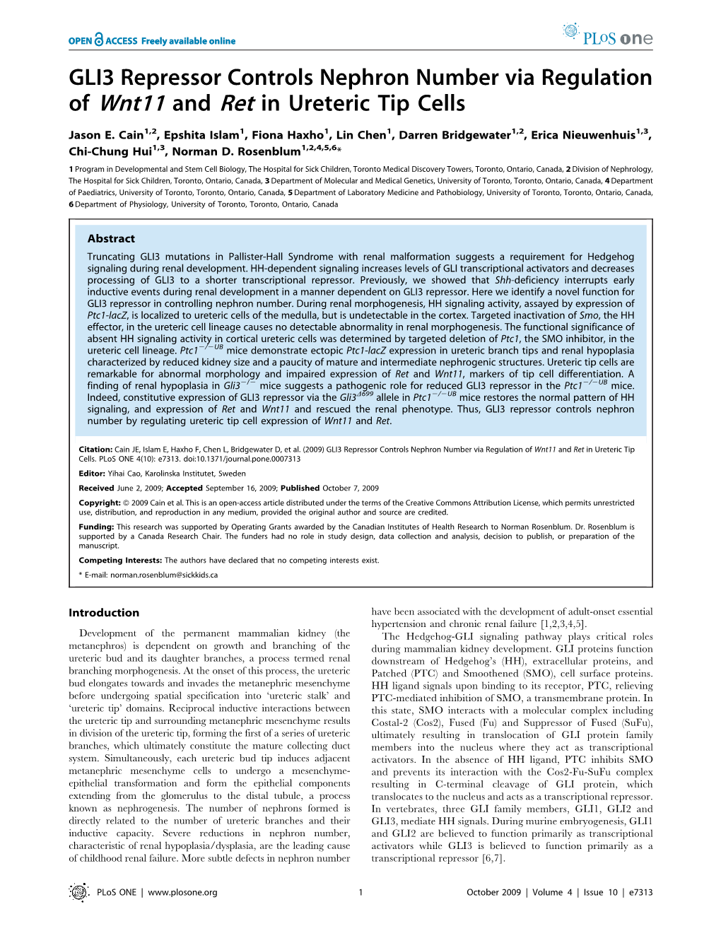 GLI3 Repressor Controls Nephron Number Via Regulation of Wnt11 and Ret in Ureteric Tip Cells