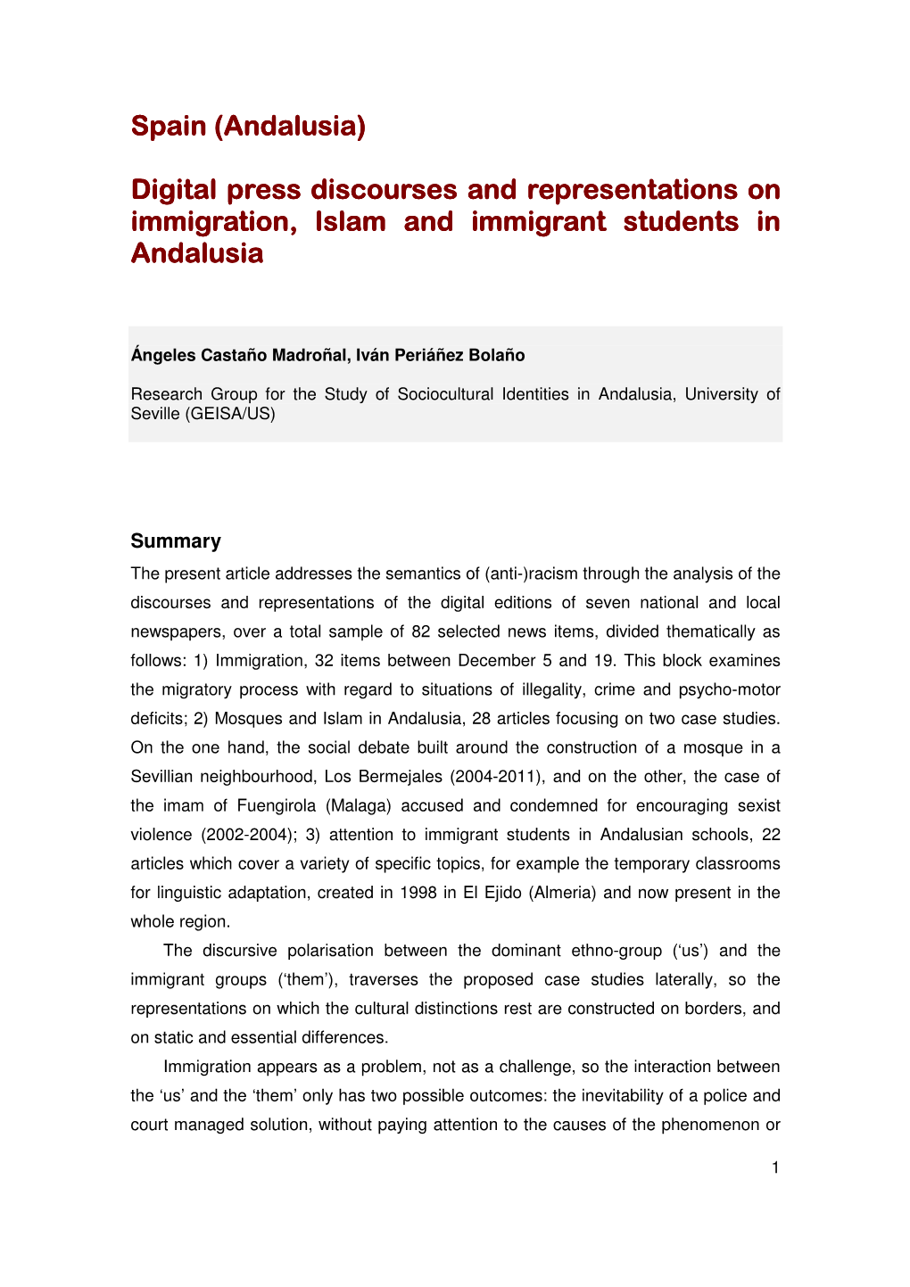 Digital Press Discourses and Representations on Immigration, Islam and Immigrant Students in Andalusia