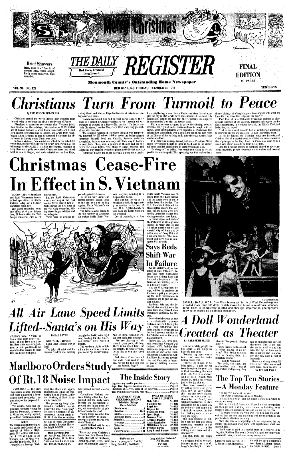 Christmas Cease-Fire in Effect in S. Vietnam SAIGON (AP)