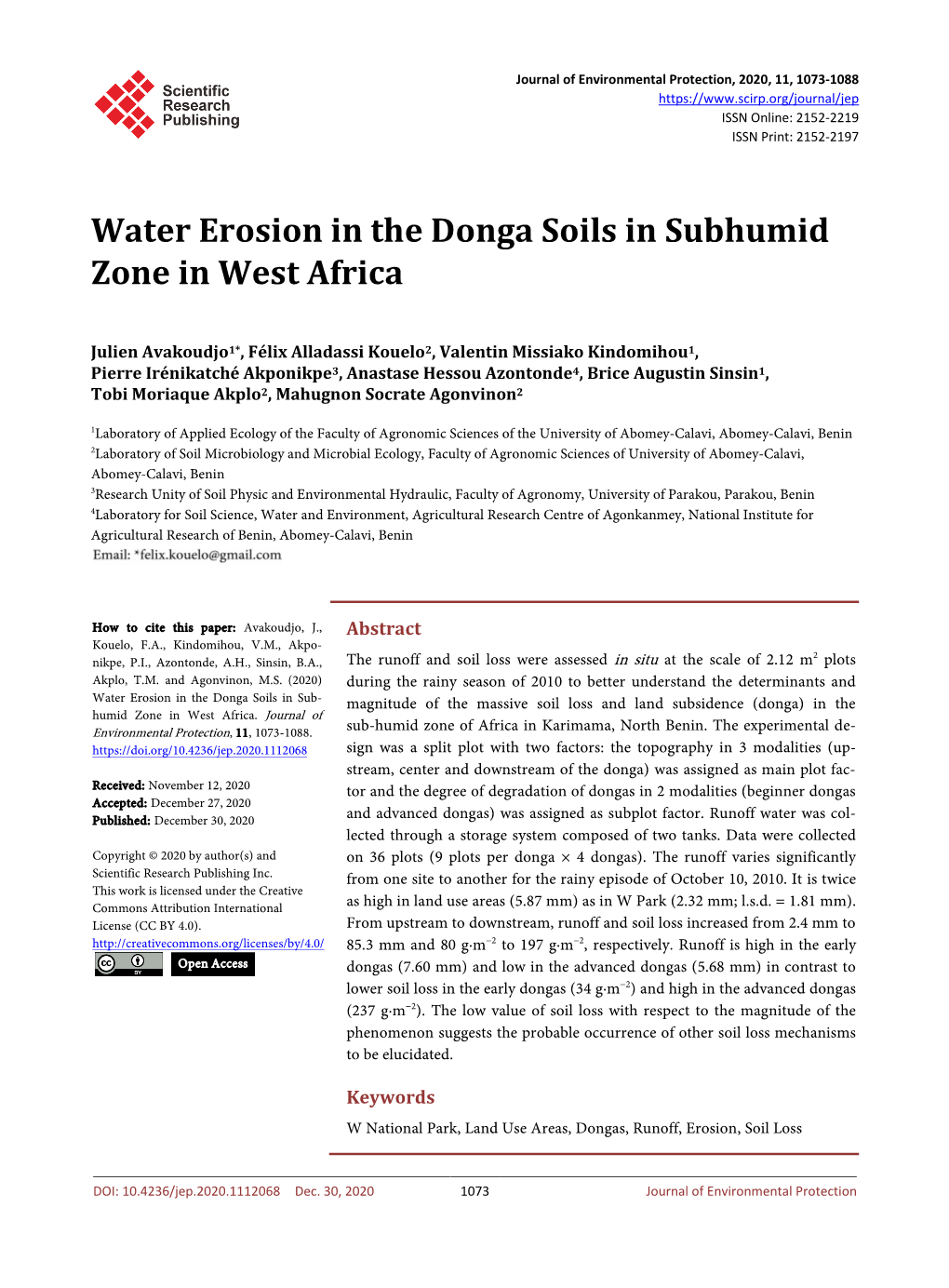 Water Erosion in the Donga Soils in Subhumid Zone in West Africa