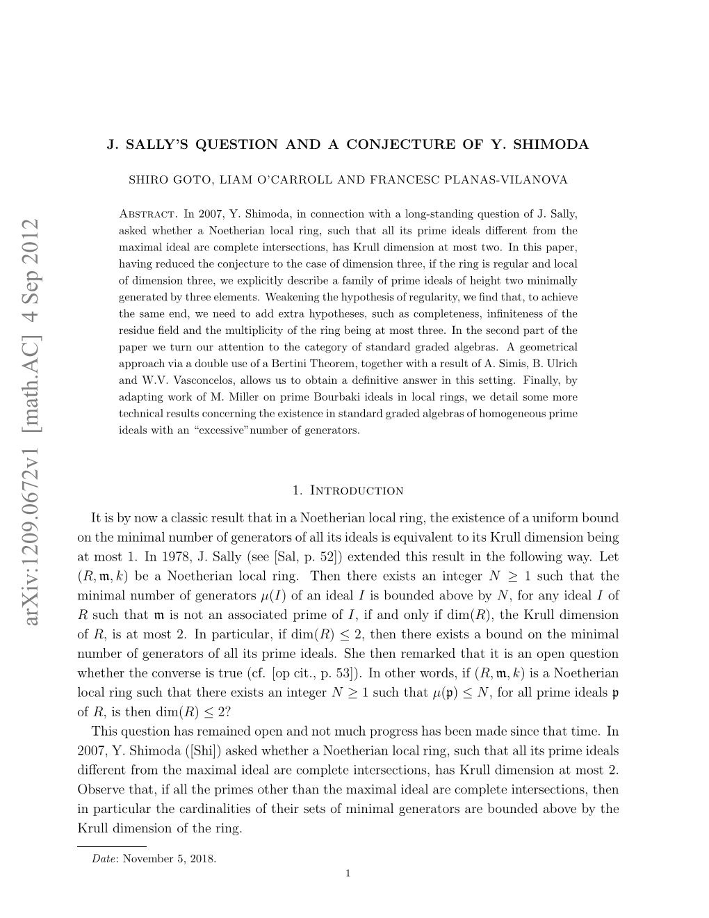 J. Sally's Question and a Conjecture of Y. Shimoda