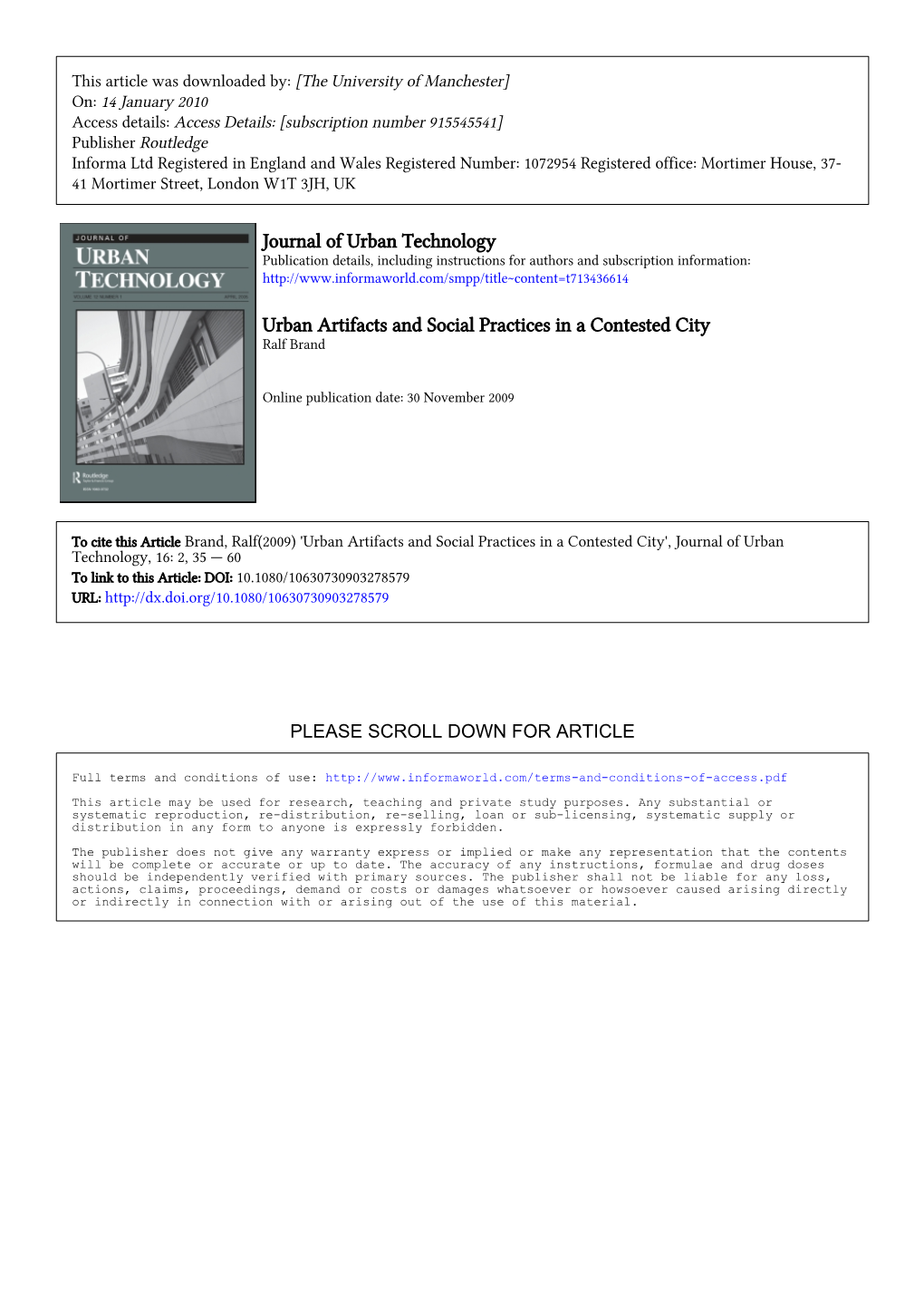 Journal of Urban Technology Urban Artifacts and Social Practices in A