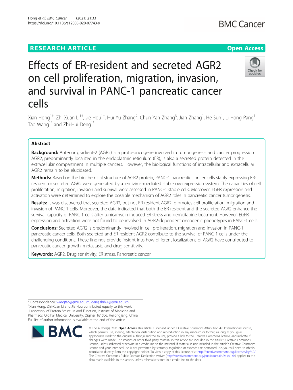 Effects of ER-Resident and Secreted AGR2 on Cell Proliferation