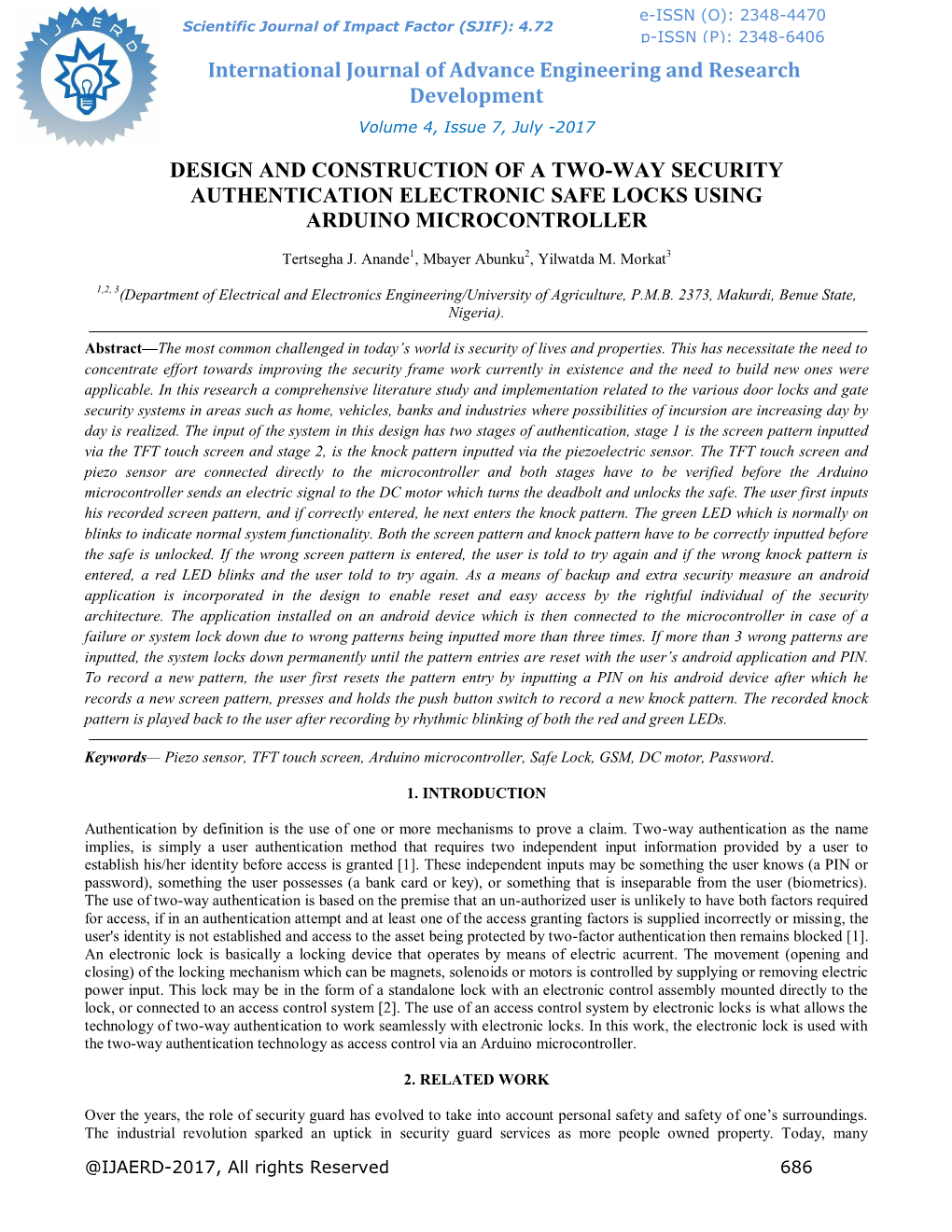 Design and Construction of a Two-Way Security Authentication Electronic Safe Locks Using Arduino Microcontroller