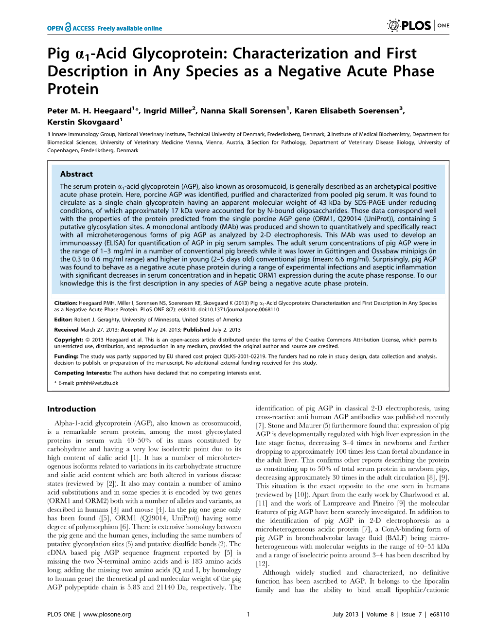 Pig A1-Acid Glycoprotein: Characterization and First Description in Any Species As a Negative Acute Phase Protein