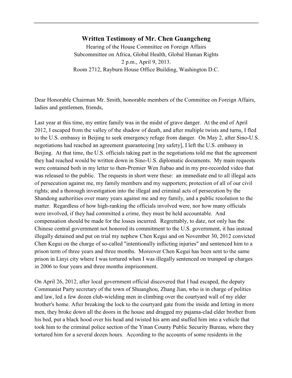 Written Testimony of Mr. Chen Guangcheng