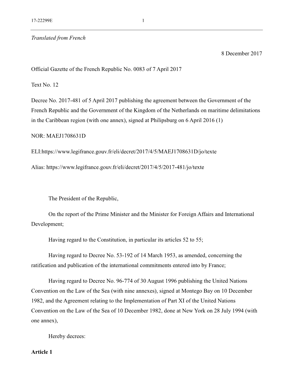 Translated from French 8 December 2017 Official Gazette of the French