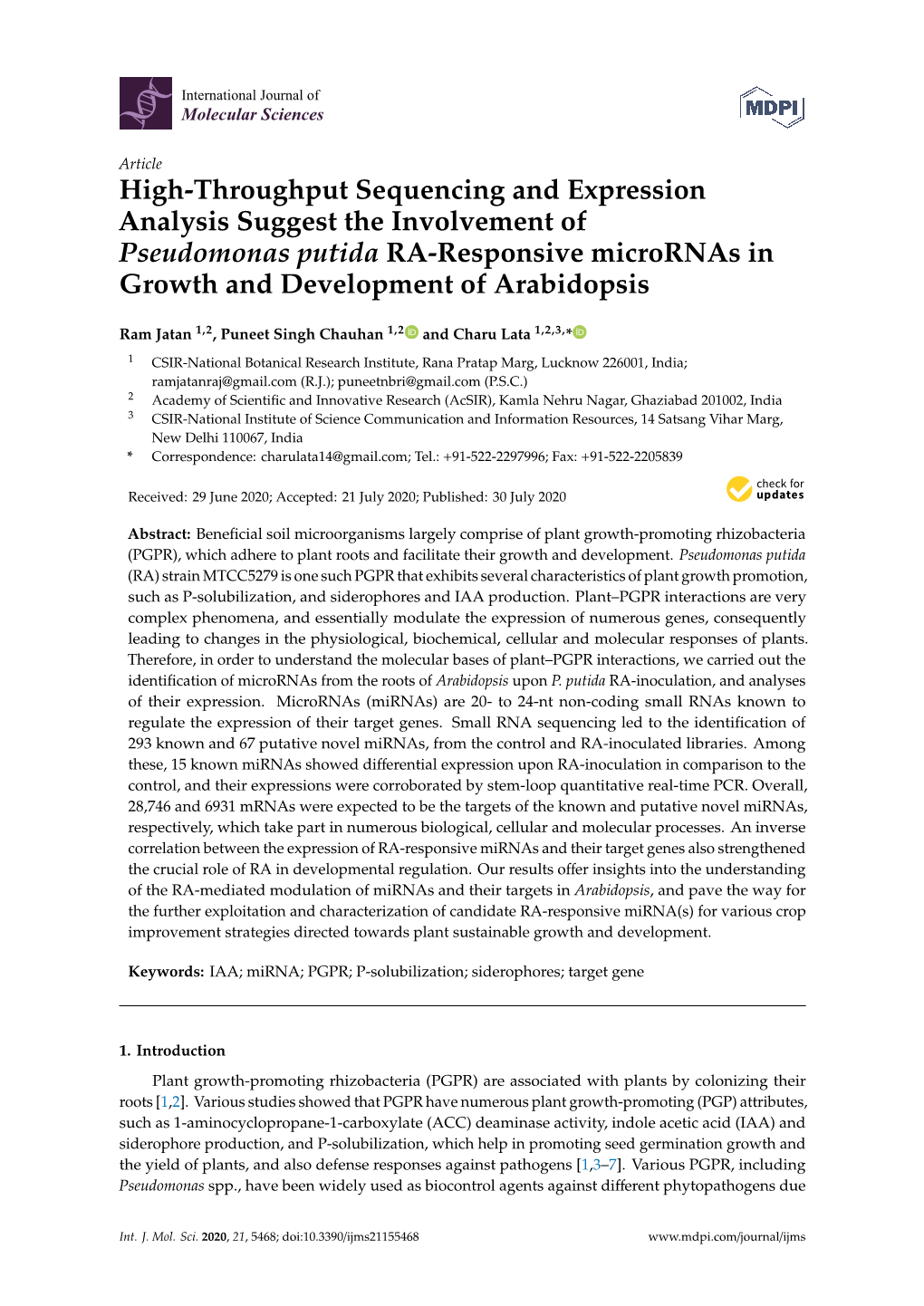 High-Throughput Sequencing and Expression Analysis Suggest the Involvement of Pseudomonas Putida RA-Responsive Micrornas in Growth and Development of Arabidopsis